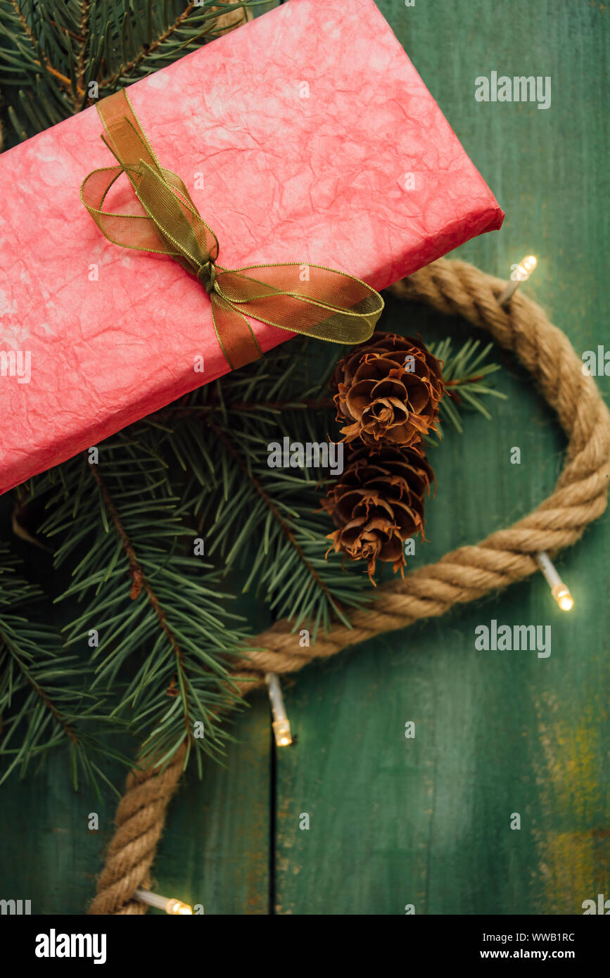 Pink gift with Christmas lights Stock Photo