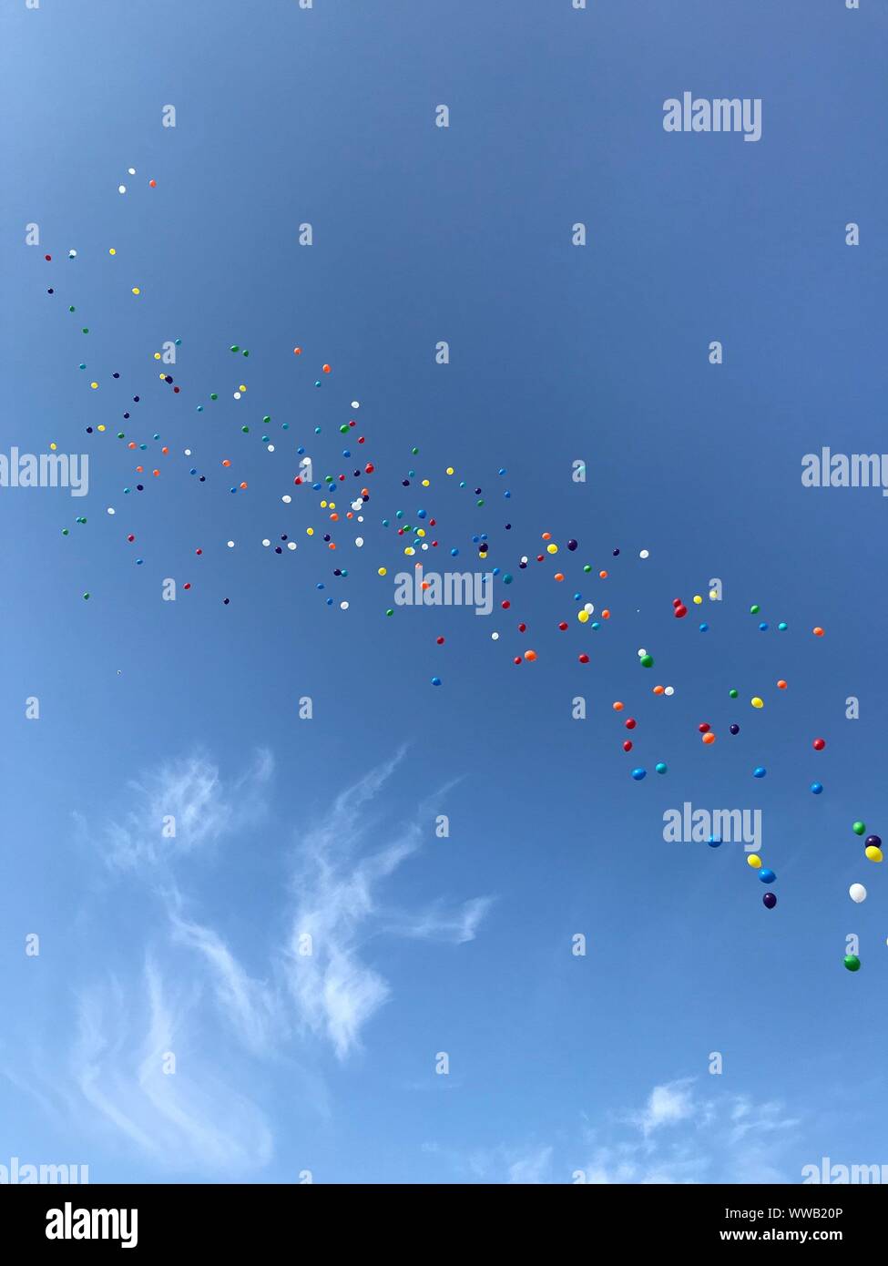 Balloons in the sky during 'out of the darkness walk' for suicide prevention Stock Photo