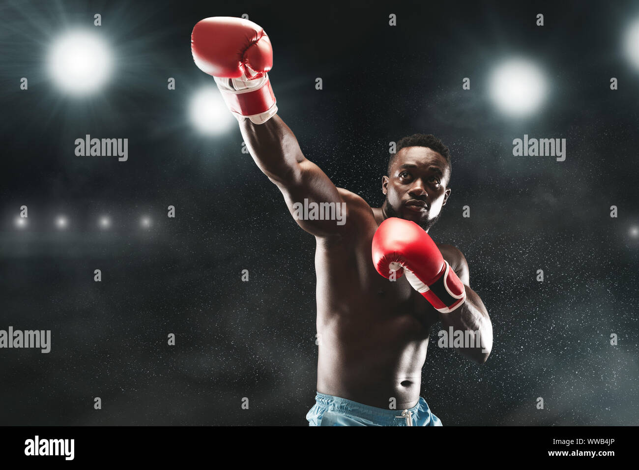 Picture of professional black mma boxer fighting on stadium arena Stock Photo