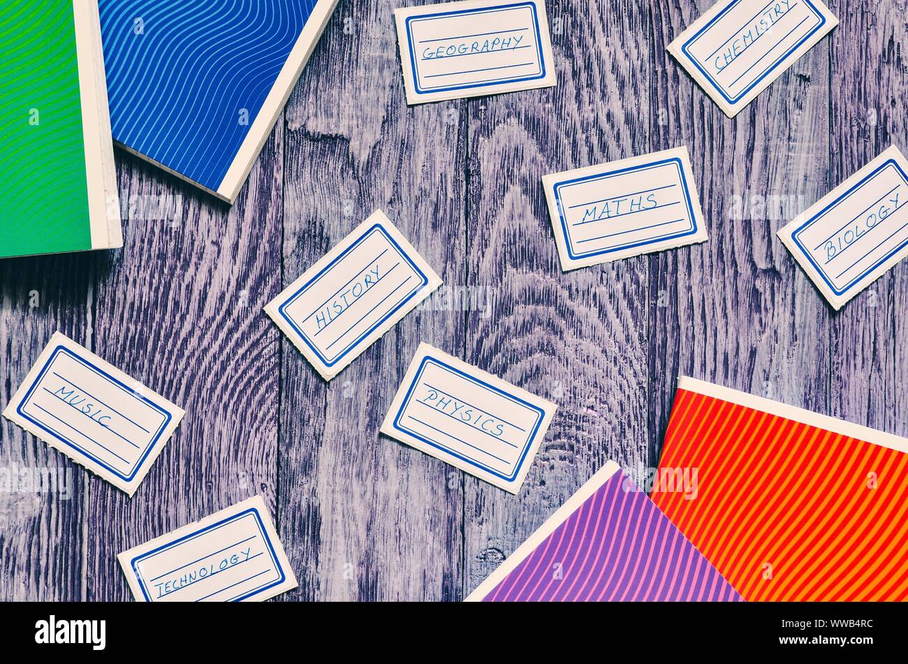 Creative Concept With School Supplies Labels With The Names Of School Creative Concept With School Supplies Labels With The Names Of School