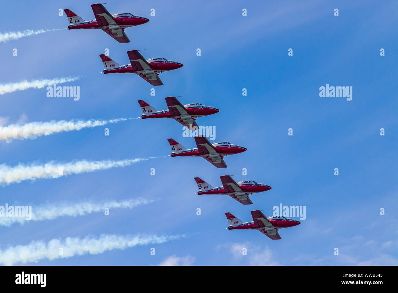 Royal Canadian Air Force's Snowbirds flying jet fighter planes in the 70th Anniversary Canadian International Air Show. Stock Photo