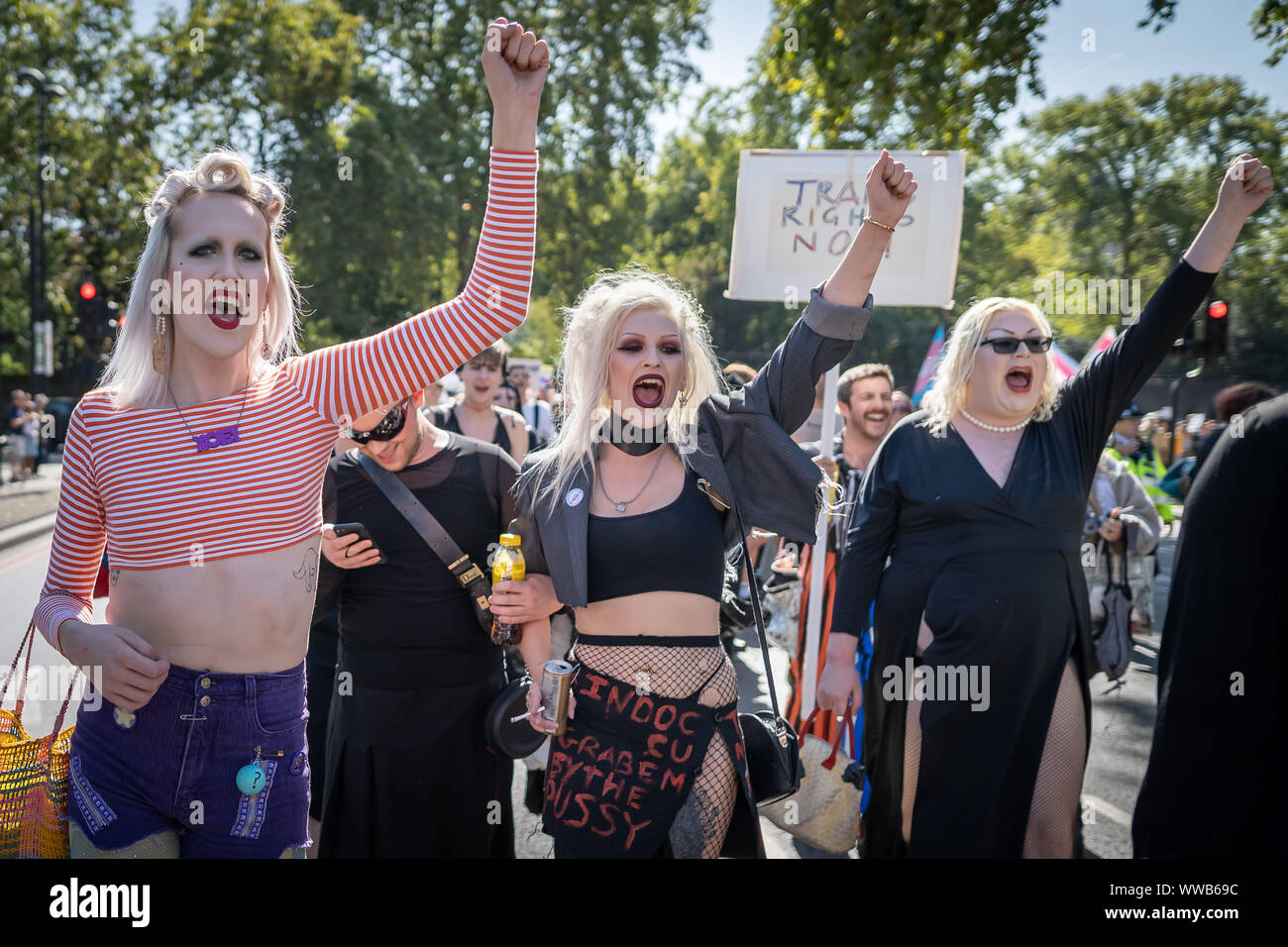 London, UK. 14th September, 2019. Hundreds of transgender people and supporters gather near Wellington Arch ready for the first Trans Pride march through the city. Rooted in activism, calling for change and also celebrating the lives of trans people around the world, Trans Pride March aims to bring further awareness to on-going attacks on trans people, both online and in the real world. Police data in June revealed that transphobic hate crimes were up by 81 per cent over the past year. Credit: Guy Corbishley/Alamy Live News Stock Photo
