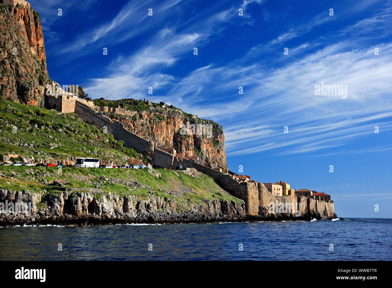 Impressive view of the medieval 'castletown' of Monemvasia from the sea. Lakonia, Peloponnese, Greece. Stock Photo