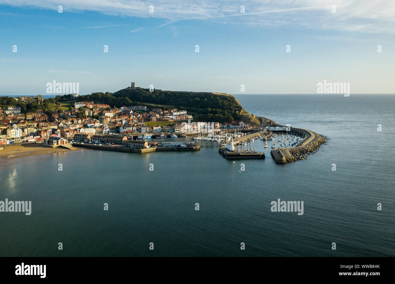 Aerial view of Scarborough and harbour taken from south bay Stock Photo