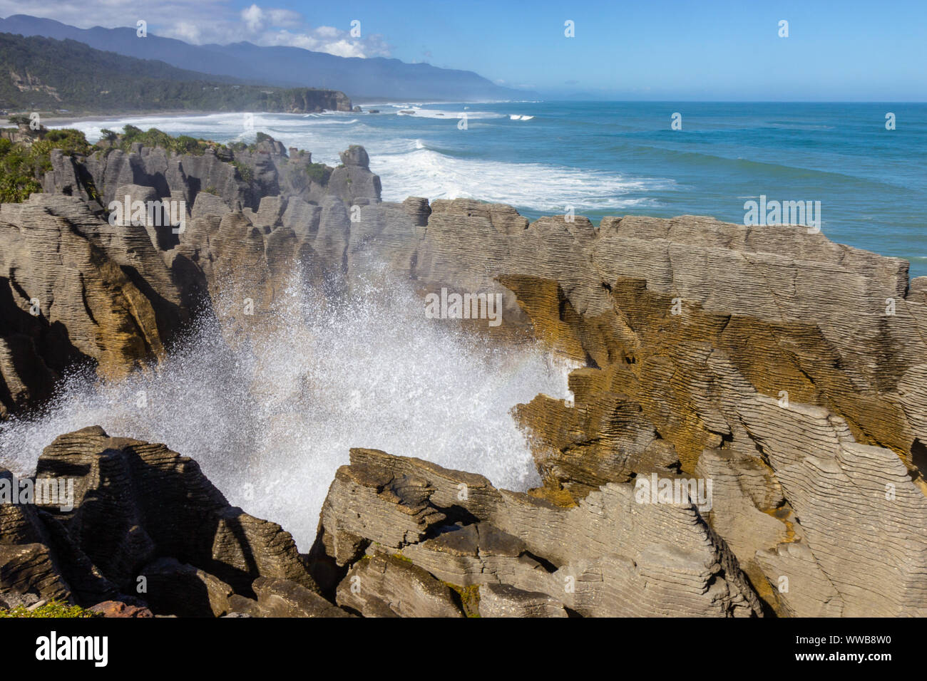 Punakaiki Pancake Rocks and Blowholes Walk, Paproa, New Zealand Stock