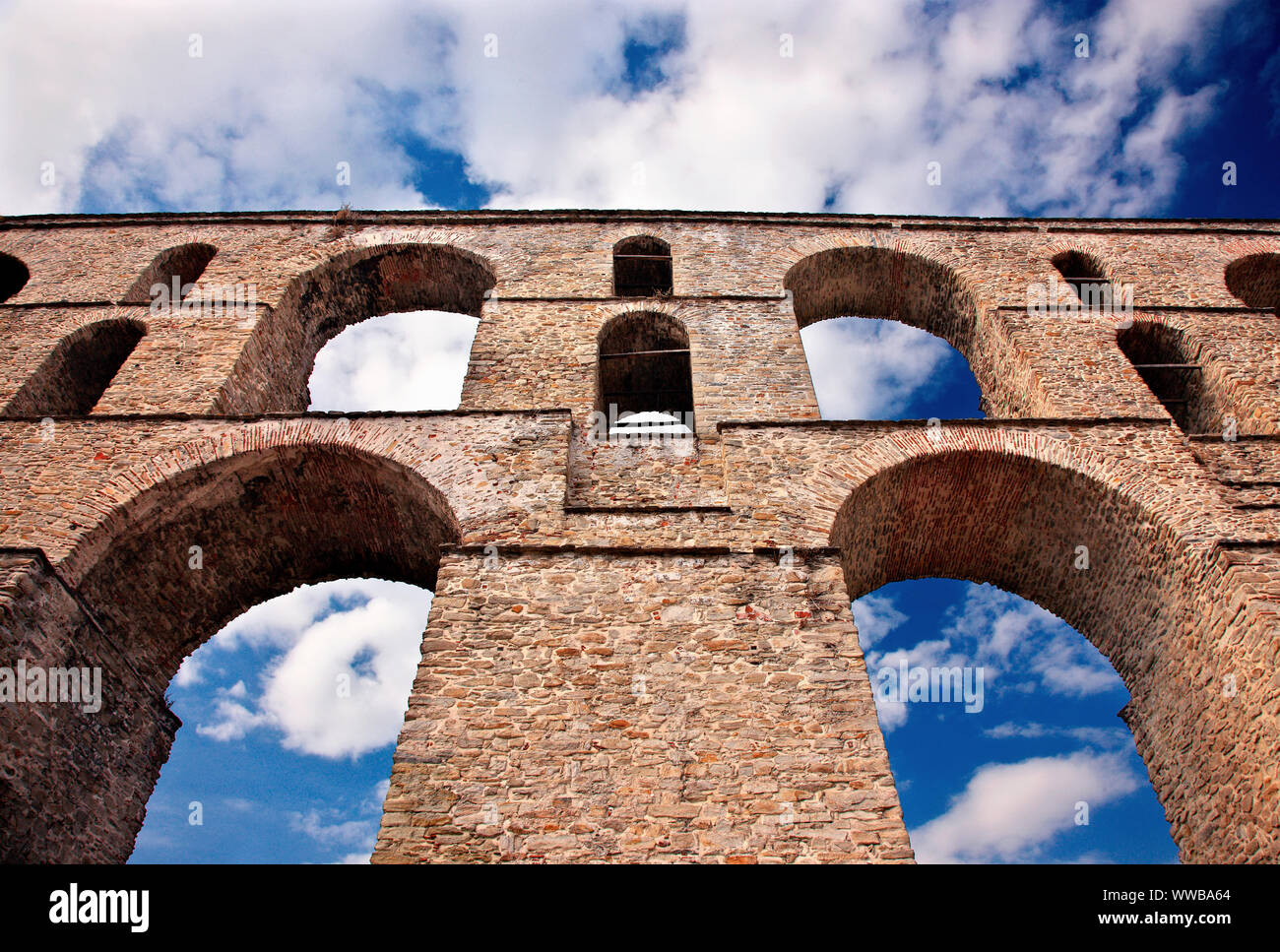 The 'Kamares' (literally, 'arches'), the famous aqueduct of Kavala city, Macedonia, Greece. Stock Photo