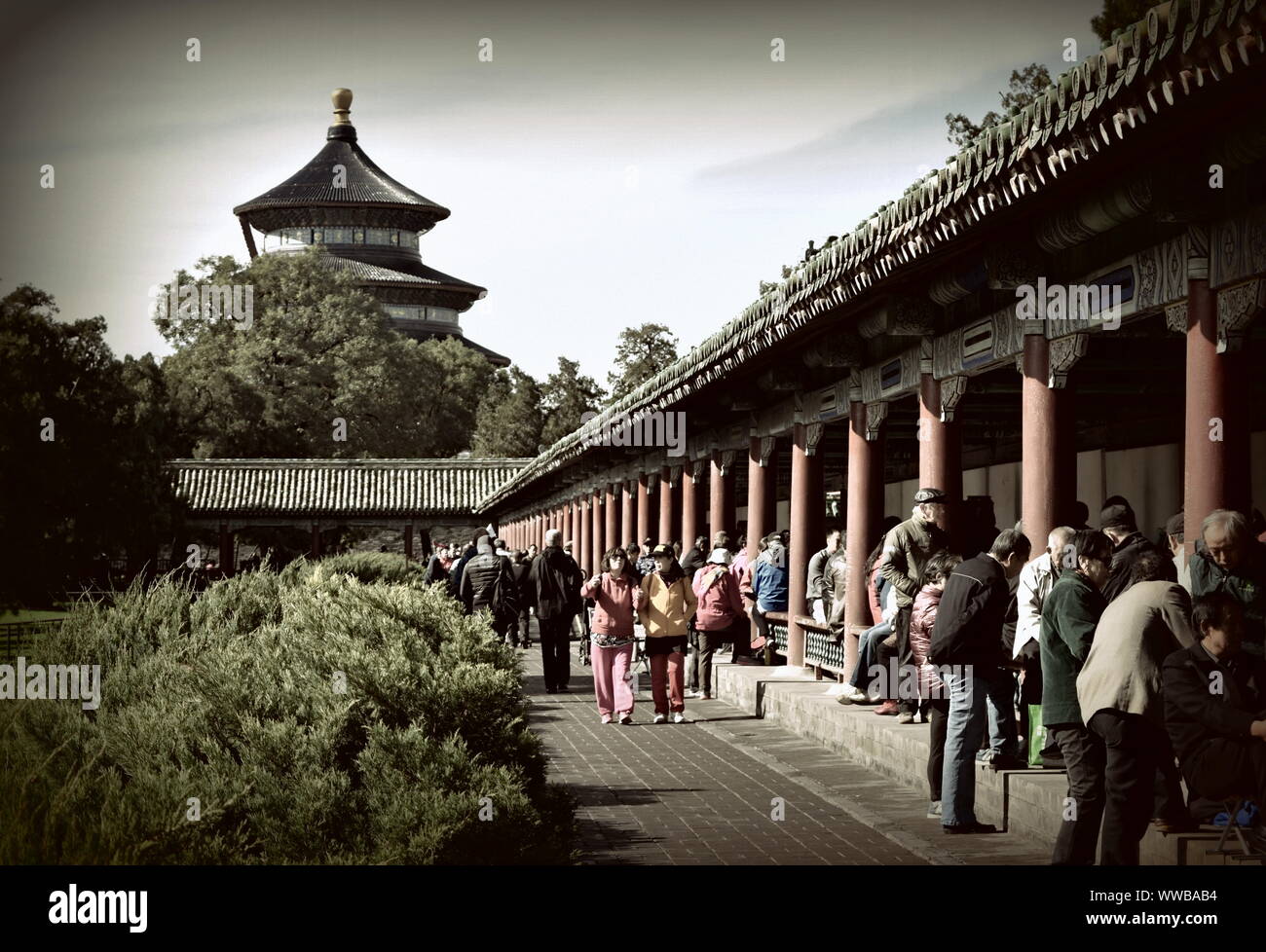 Tourists gather at a gallery in the Temple of Heaven complex of Beijing, China Stock Photo