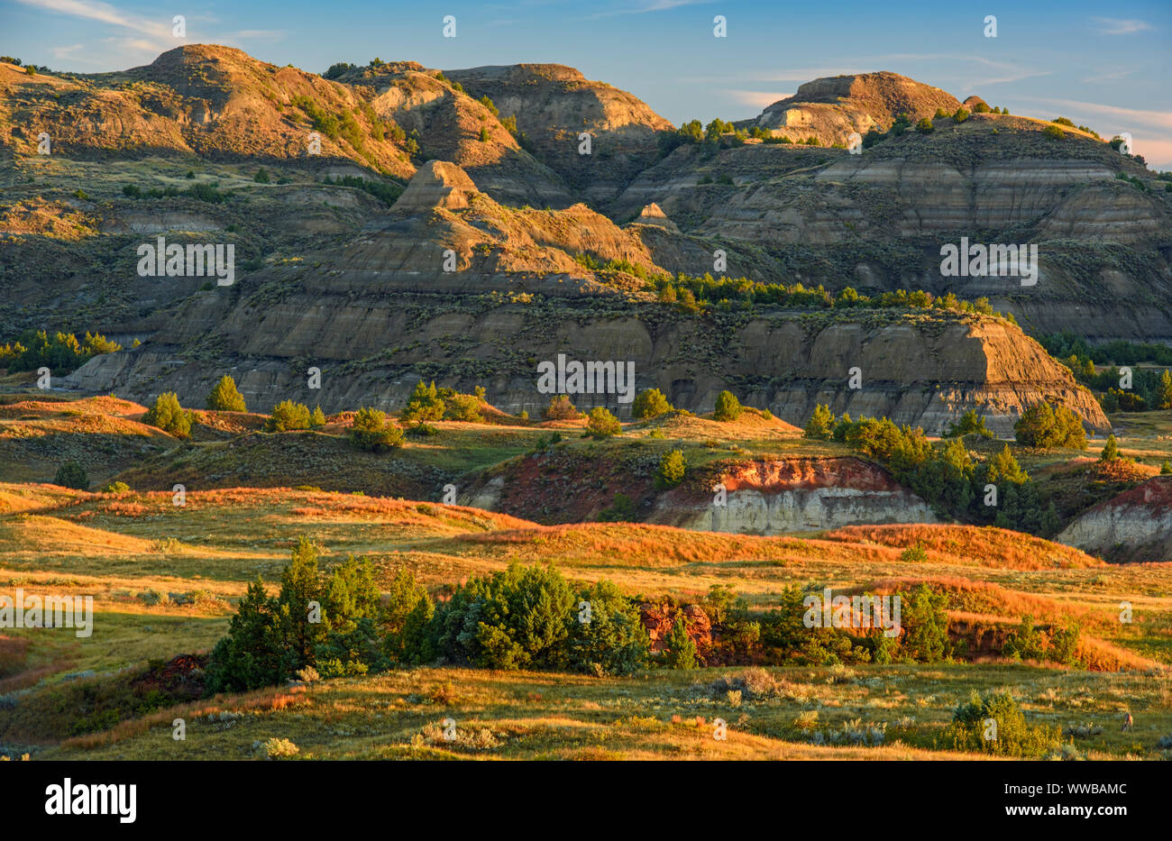 The badlands in late summer, from Buck Hill, Theodore Roosevelt National Park (South Unit), North Dakota, USA Stock Photo