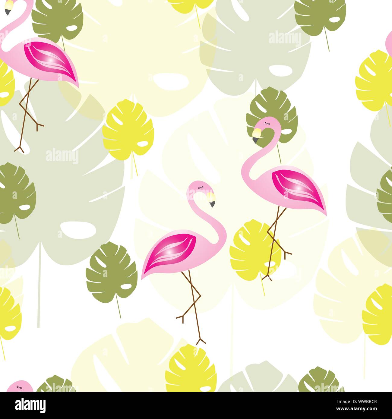 seamless pattern with flamingos and tropical leaves vector - summer ...