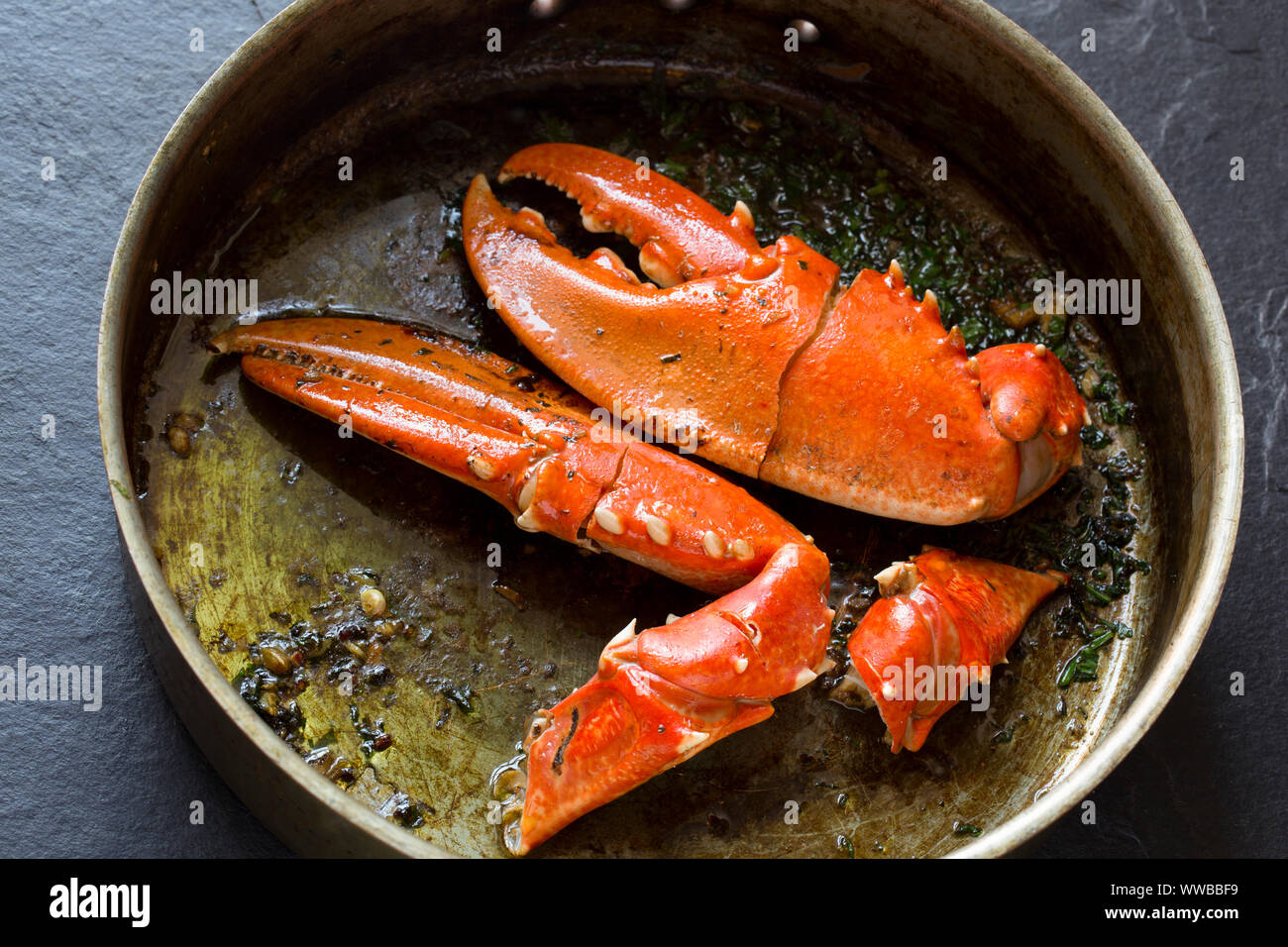 Two boiled, cooked lobster claws from a common lobster, Homarus gammarus, that are being heated