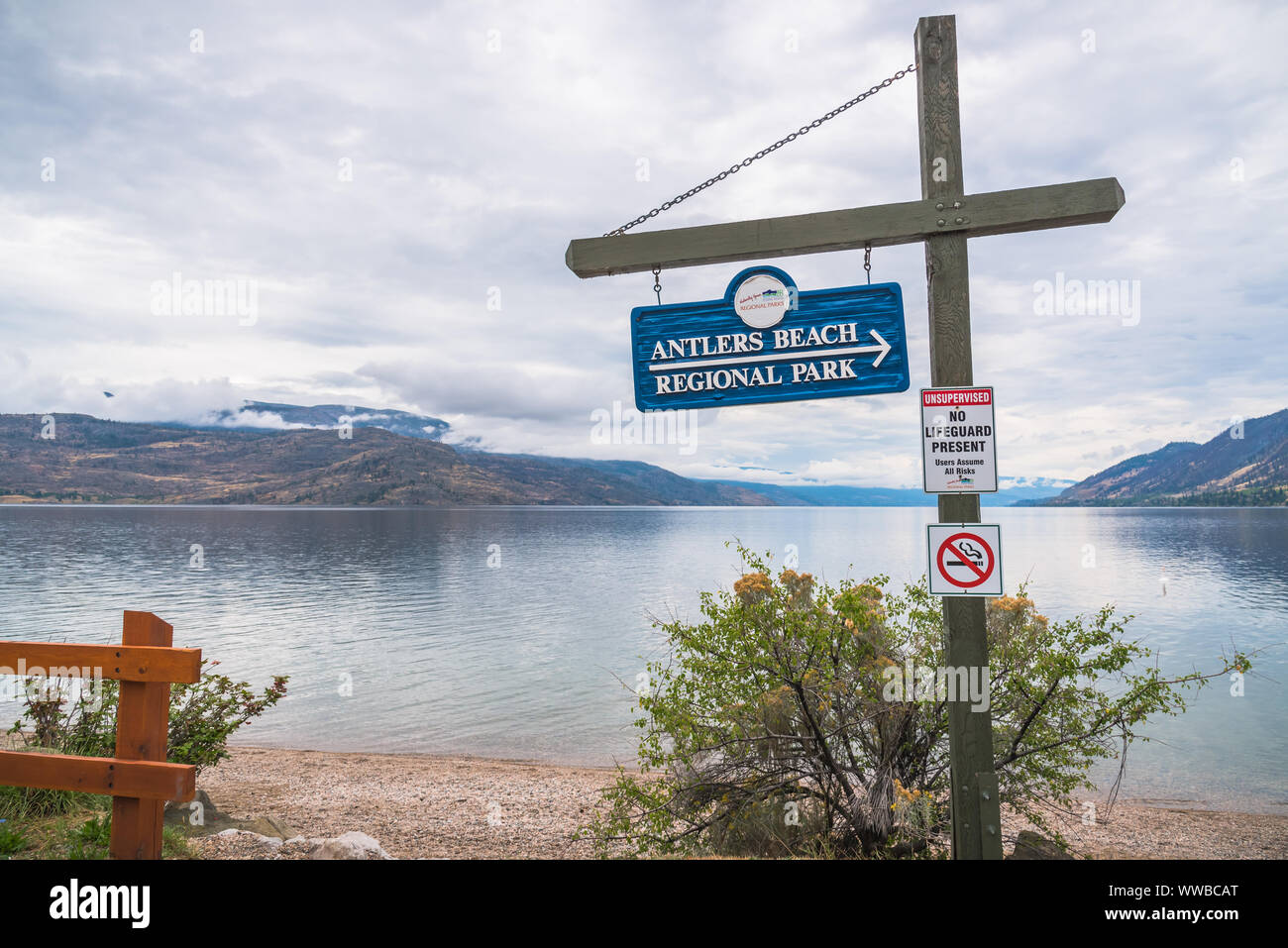Peachland, British Columbia, Canada - September 8, 2019: Antlers Beach Regional Park is a popular public beach located near Hardy Falls on highway 97. Stock Photo