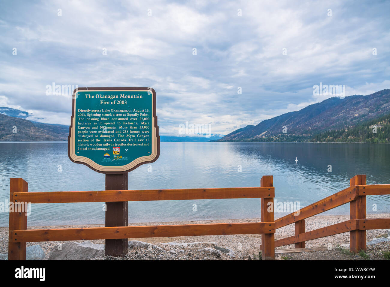 Peachland, British Columbia, Canada - September 8, 2019: a sign on Antlers Beach commemorates the devastating Okanagan Mountain Fire Stock Photo