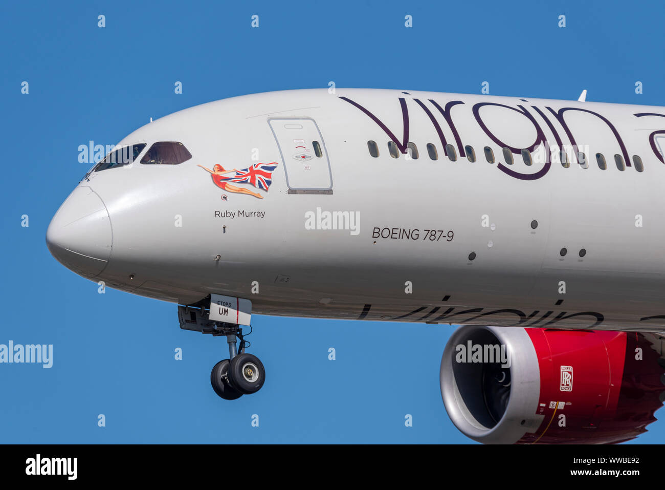 Virgin Atlantic Airways Boeing 787 Dreamliner G-VYUM named Ruby Murray jet airliner plane landing at London Heathrow Airport in Hounslow, London, UK Stock Photo