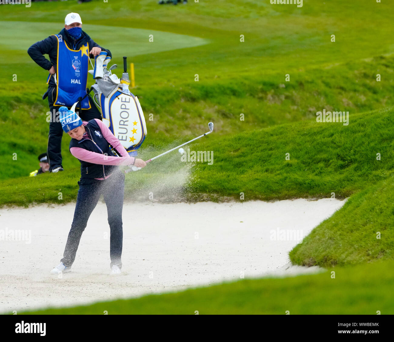 Auchterarder, Scotland, UK. 14 September 2019. Saturday afternoon Fourballs matches  at 2019 Solheim Cup on Centenary Course at Gleneagles. Pictured; Georgia Hall of Team Europe plays bunker shot on the 11th hole. Iain Masterton/Alamy Live News Stock Photo