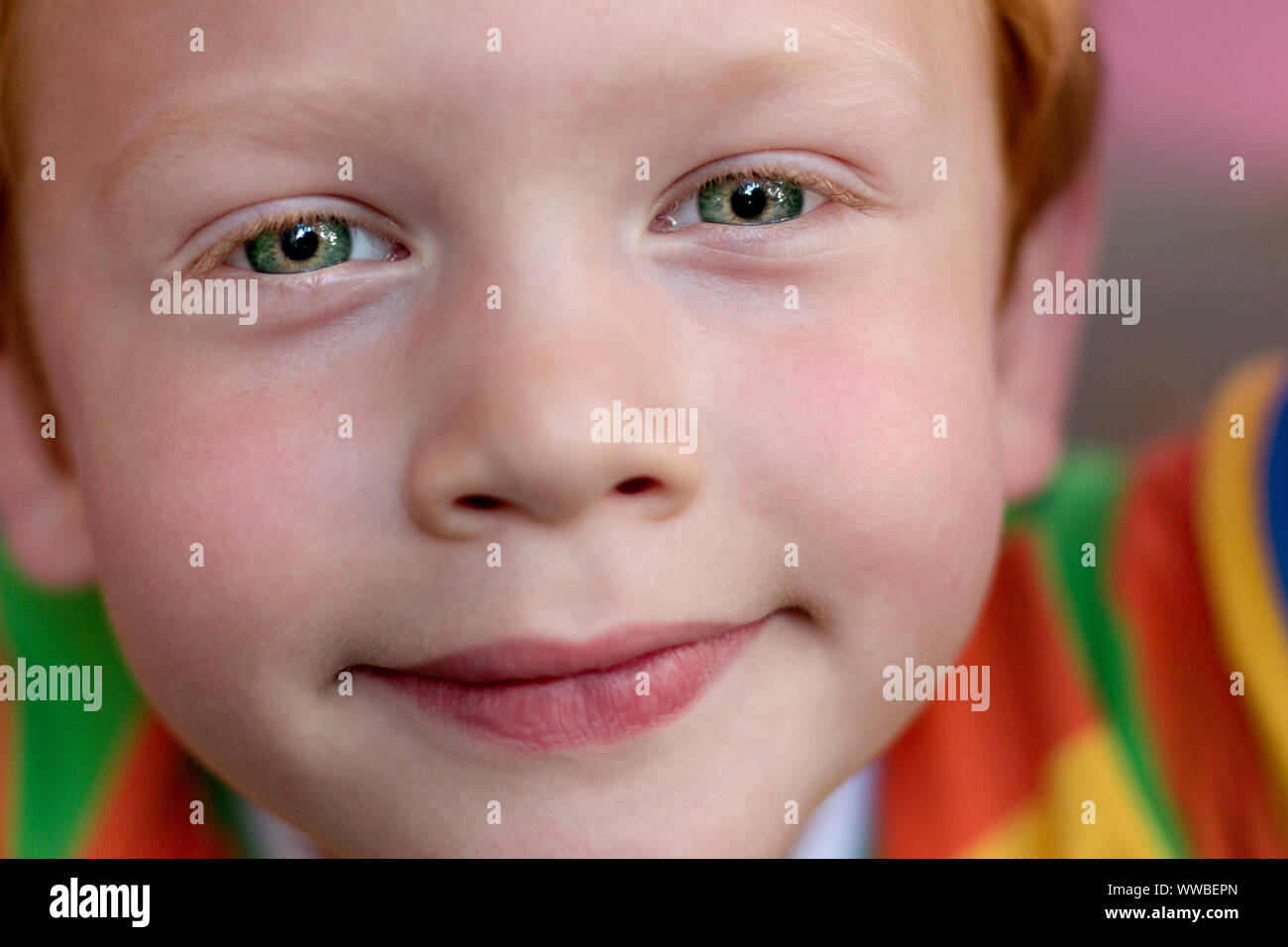 Closeup of beautiful boy eyes. Portrait kid with green eyes looking directly at the camera. Funny little child with curly ginger hair. Vision Stock Photo