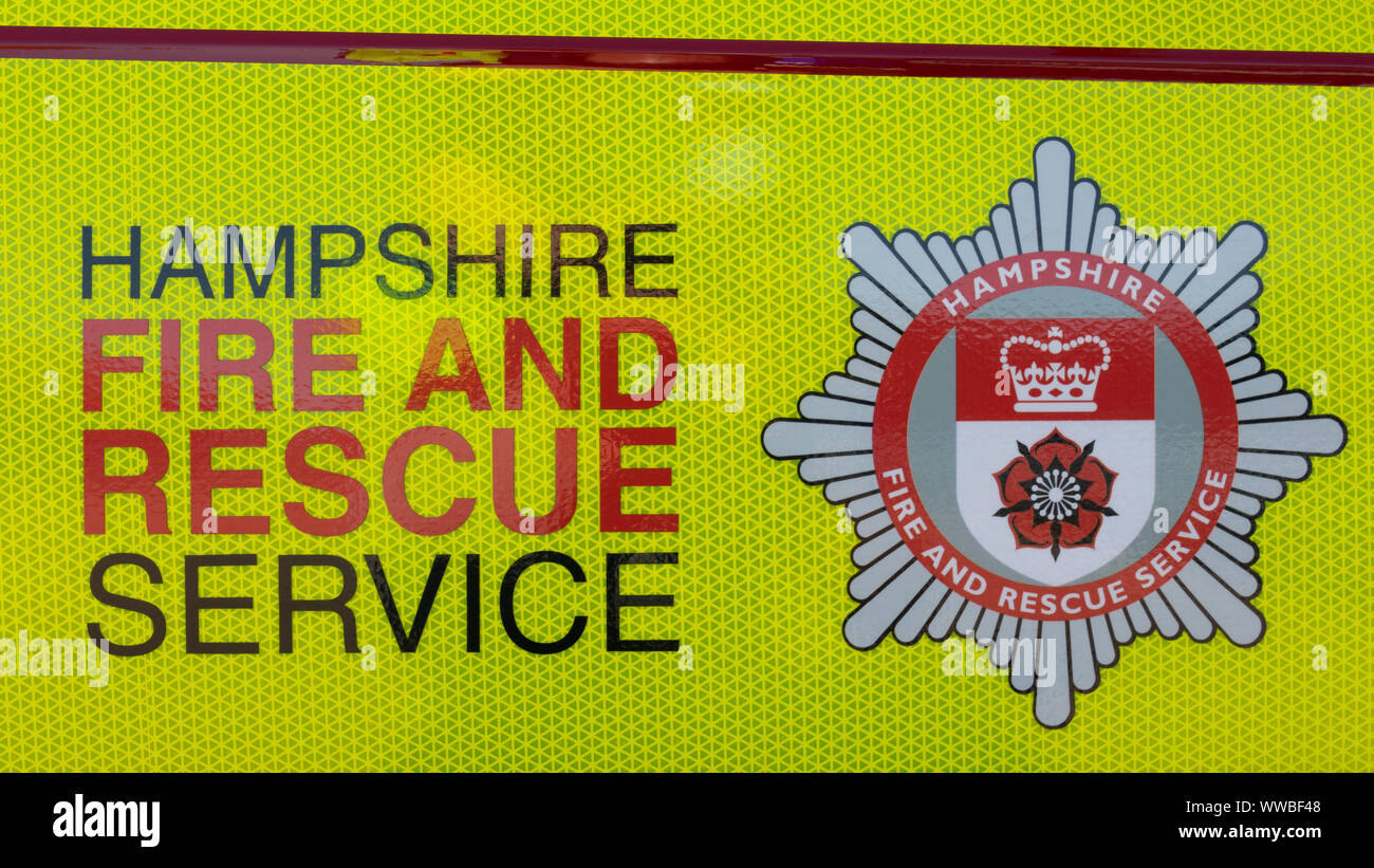 A Hampshire Fire and rescue service badge from the side of a fire engine Stock Photo