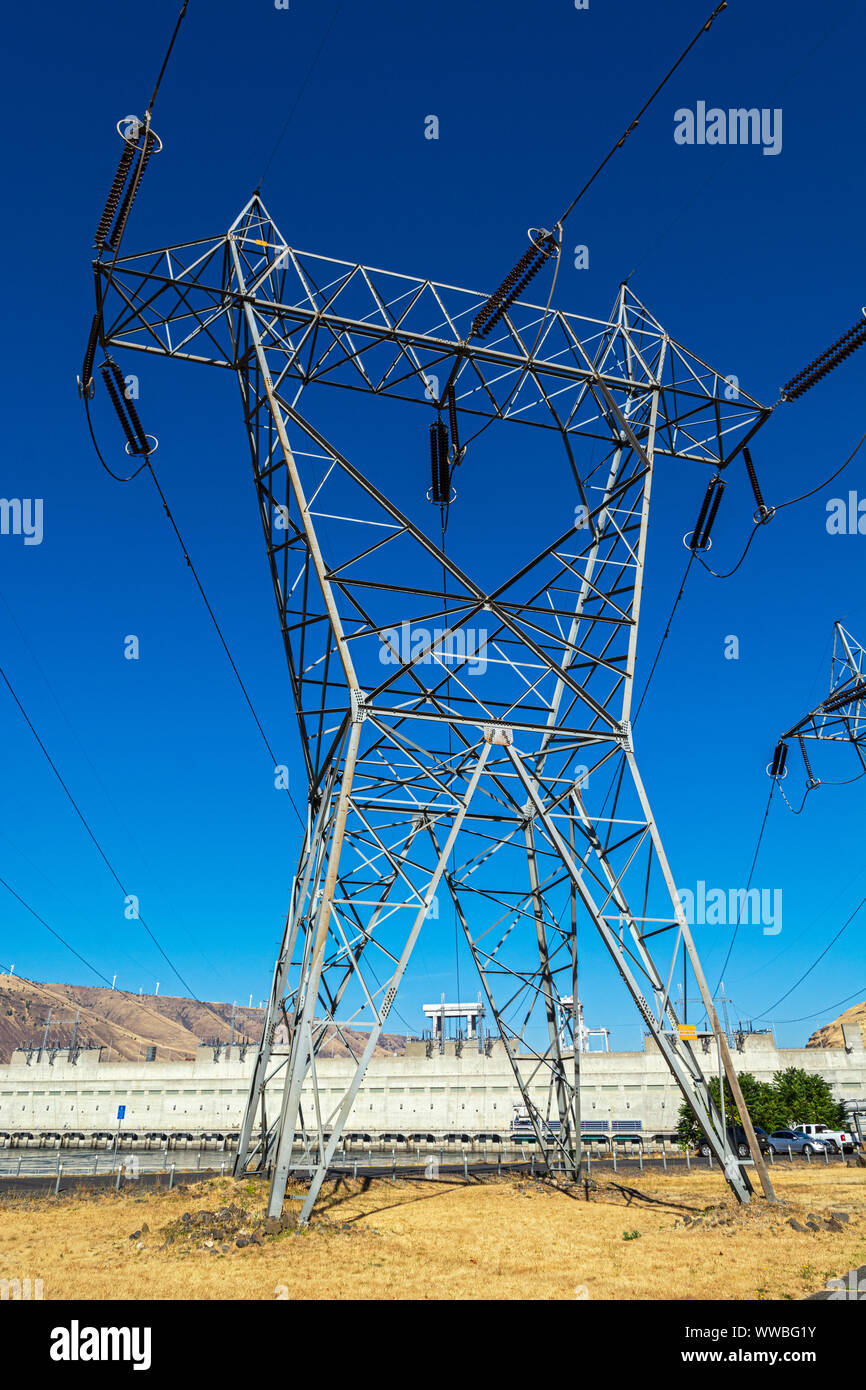 Columbia River, John Day Dam, view from Oregon, electrical high tension