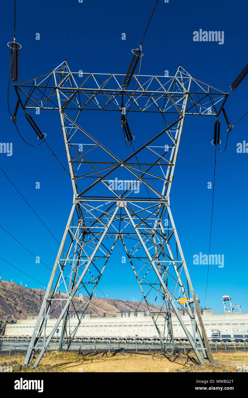 Columbia River, John Day Dam, view from Oregon, electrical high tension power lines Stock Photo