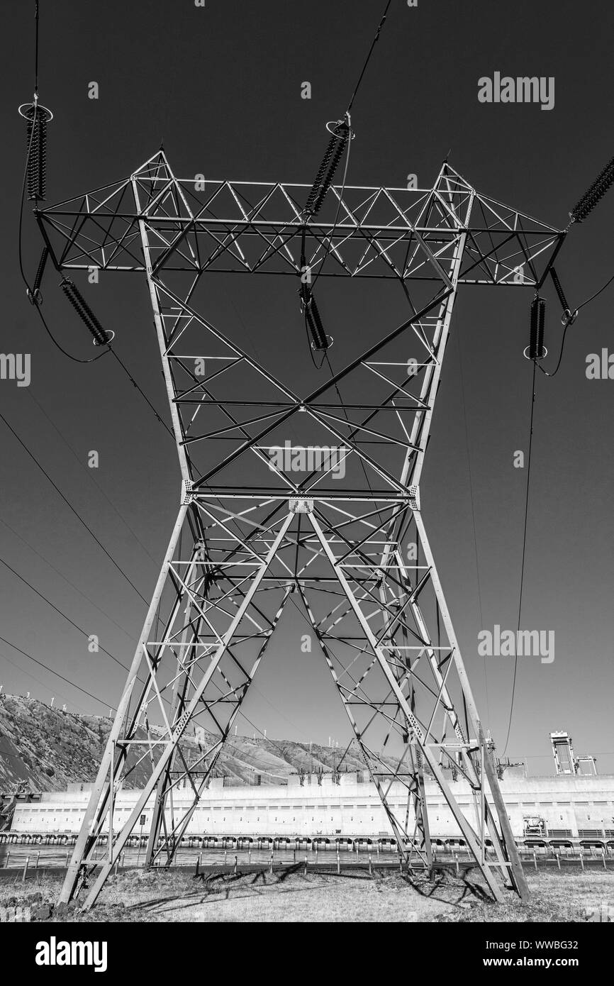 Columbia River, John Day Dam, view from Oregon, electrical high tension power lines, monochrome Stock Photo
