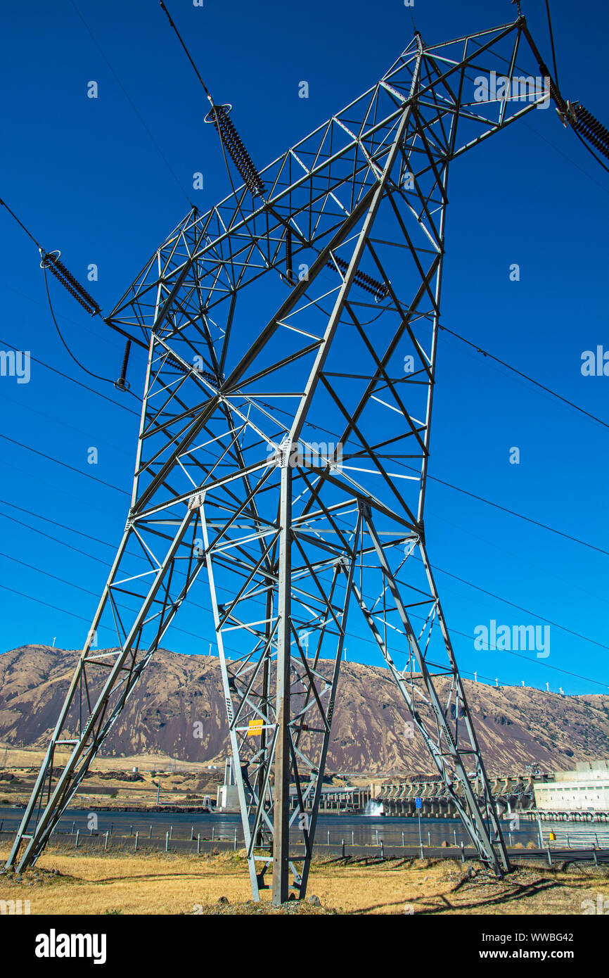 Columbia River, John Day Dam, view from Oregon, electrical high tension power lines Stock Photo