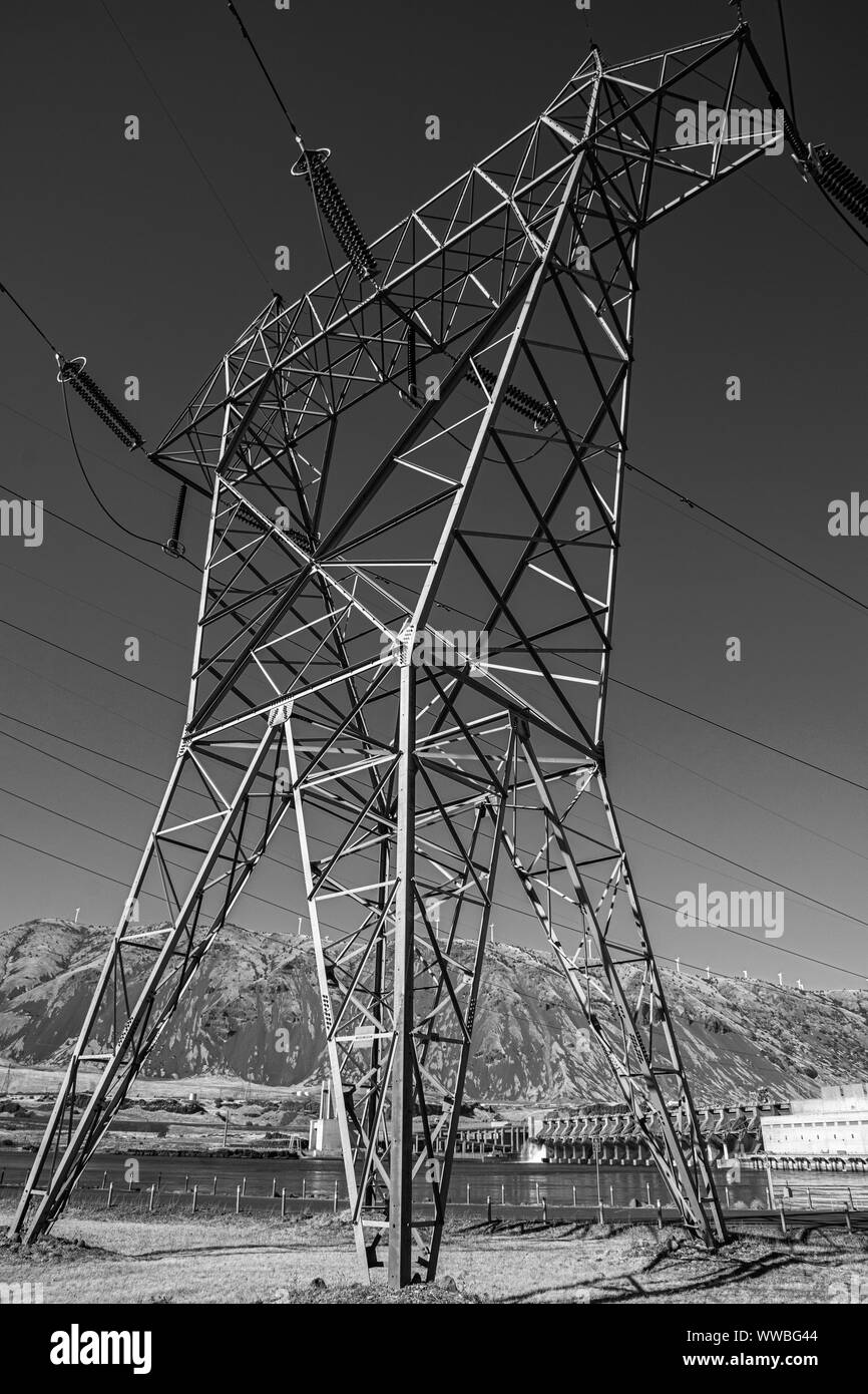Columbia River, John Day Dam, view from Oregon, electrical high tension power lines, monochrome Stock Photo