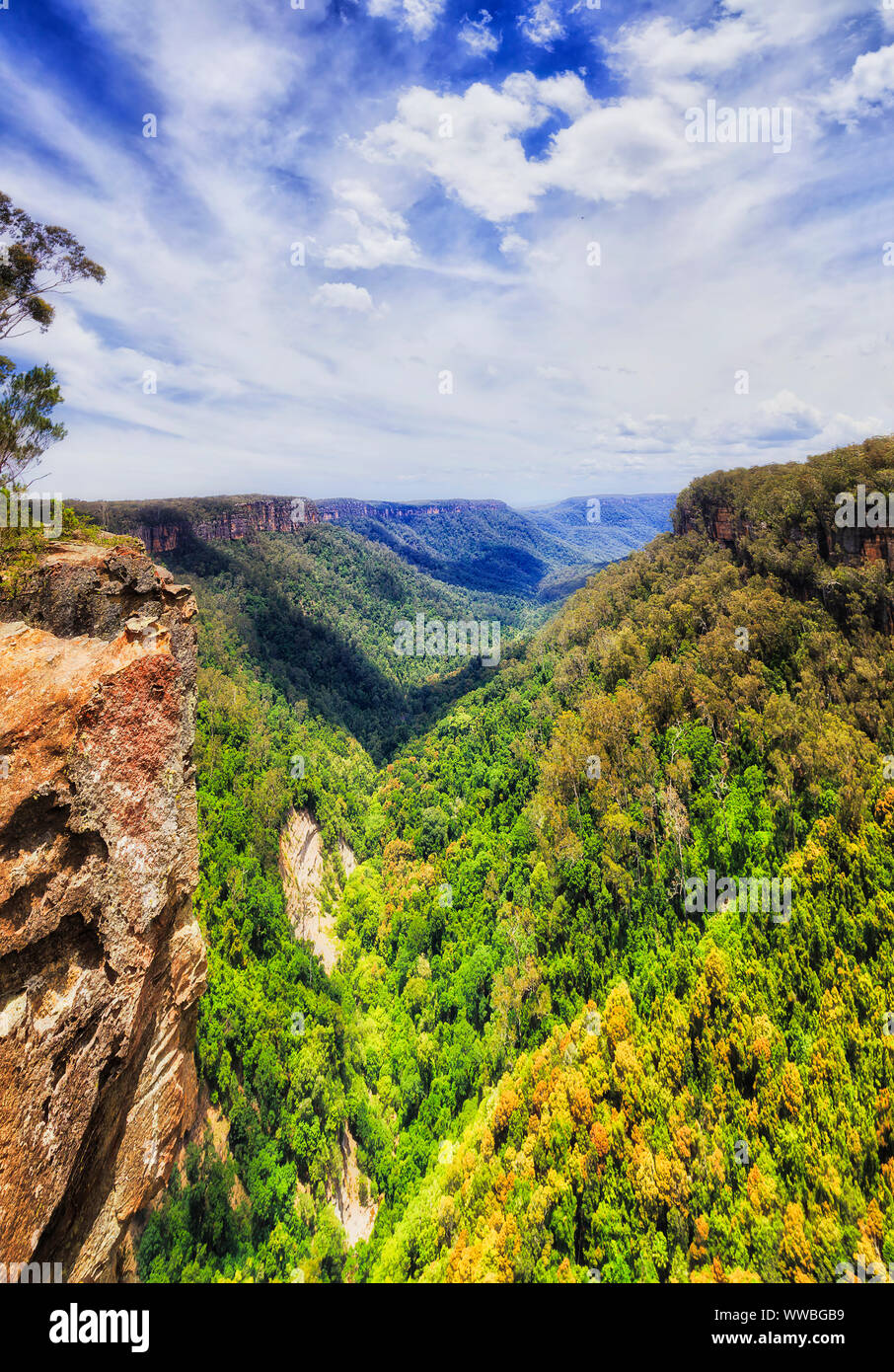 Deep Yarrunga Valley between sandstone mountain ranges on Australian Great Dividing range on a sunny day under blue sky with lush gum-tree woods. Stock Photo
