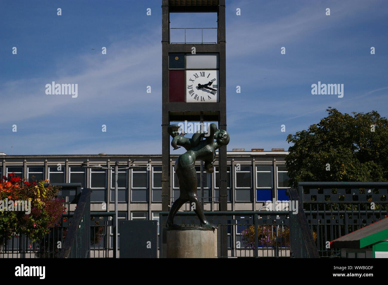 The clock tower and statue in the centre of Stevenage, Hertfordshire. Stock Photo