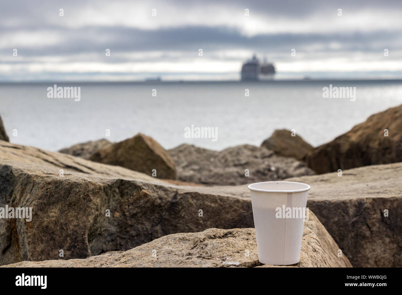 Cardboard - paper cup of coffee placed on the stones of a jetty in