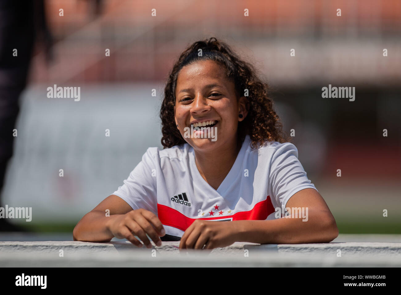 Sao Paulo, Brazil. 14 September 2019.  SÃO PAULO X SANTOS - Iara from Sao Paulo celebrates the victory. São Paulo and Santos play in the semi-finals of the Paulista Women's Football Championship. The first game will be played on the morning of Saturday, Septe 14, at Pacaembu Stadium, in, in São Paulo. (Photo: Van Campos/Fotoarena) Credit: Foto Arena LTDA/Alamy Live News Stock Photo