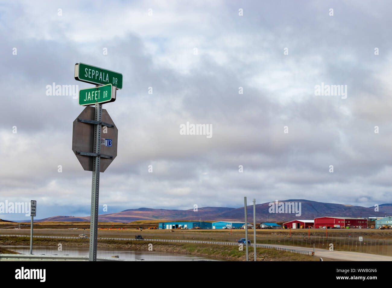 The sign of Seppala and Jafet Dr street in Nome, Alaska. Stock Photo