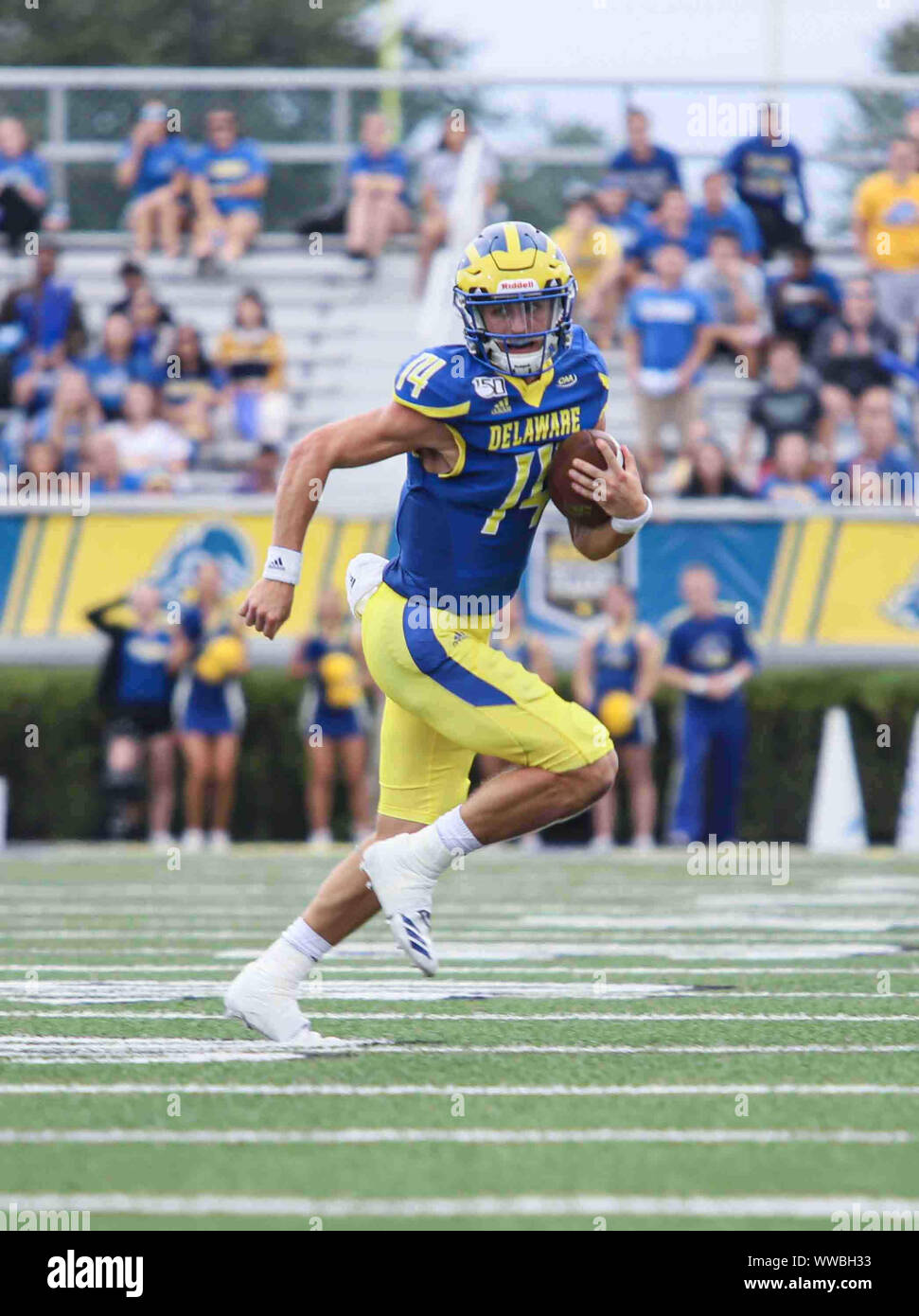 Newark, DE, USA. 14th Sep, 2019. Delaware quarterback NOLAN HENDERSON