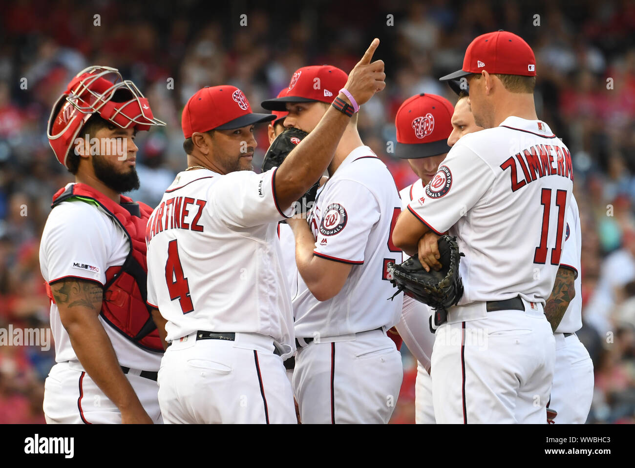 Washington Nationals Manager David Martinez takes pitcher Austin Voth out of the game in the sixth inning of game against the Atlanta Braves at Nationals Park in Washington, DC on Saturday, September 14, 2019.  Voth had not given up a run.     Photo by Pat Benic/UPI Credit: UPI/Alamy Live News Stock Photo