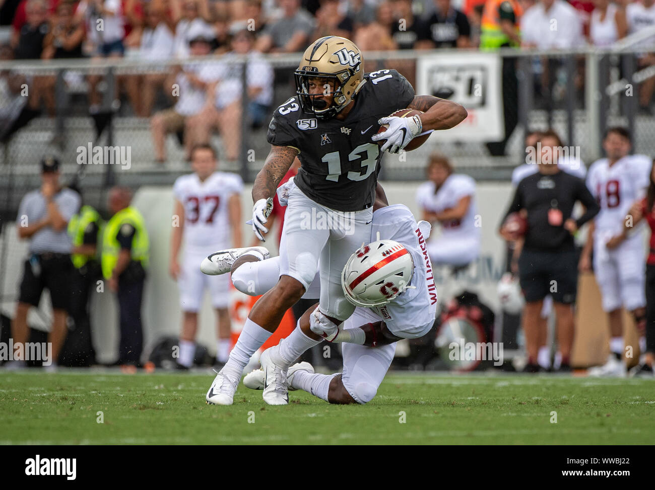 Orlando Fl Usa 14th Sep 19 Ucf Knights Wide Receiver Gabriel Davis 13 Is Gtackled By Stanford Cardinal Safety Kendall Williamson 21 During 1st Half Ncaa Football Game Between The Stanford Cardinals