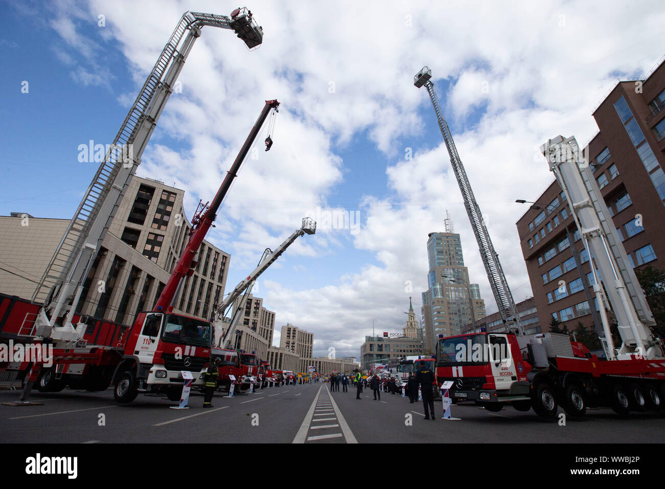 Moscow, Russia. 14th Sep, 2019. Fire engines are seen on display in central Moscow, Russia, on Sept. 14, 2019. About 700 vehicles took part in the Municipal Service Vehicle Parade on Saturday. Credit: Alexander Zemlianichenko Jr/Xinhua Stock Photo