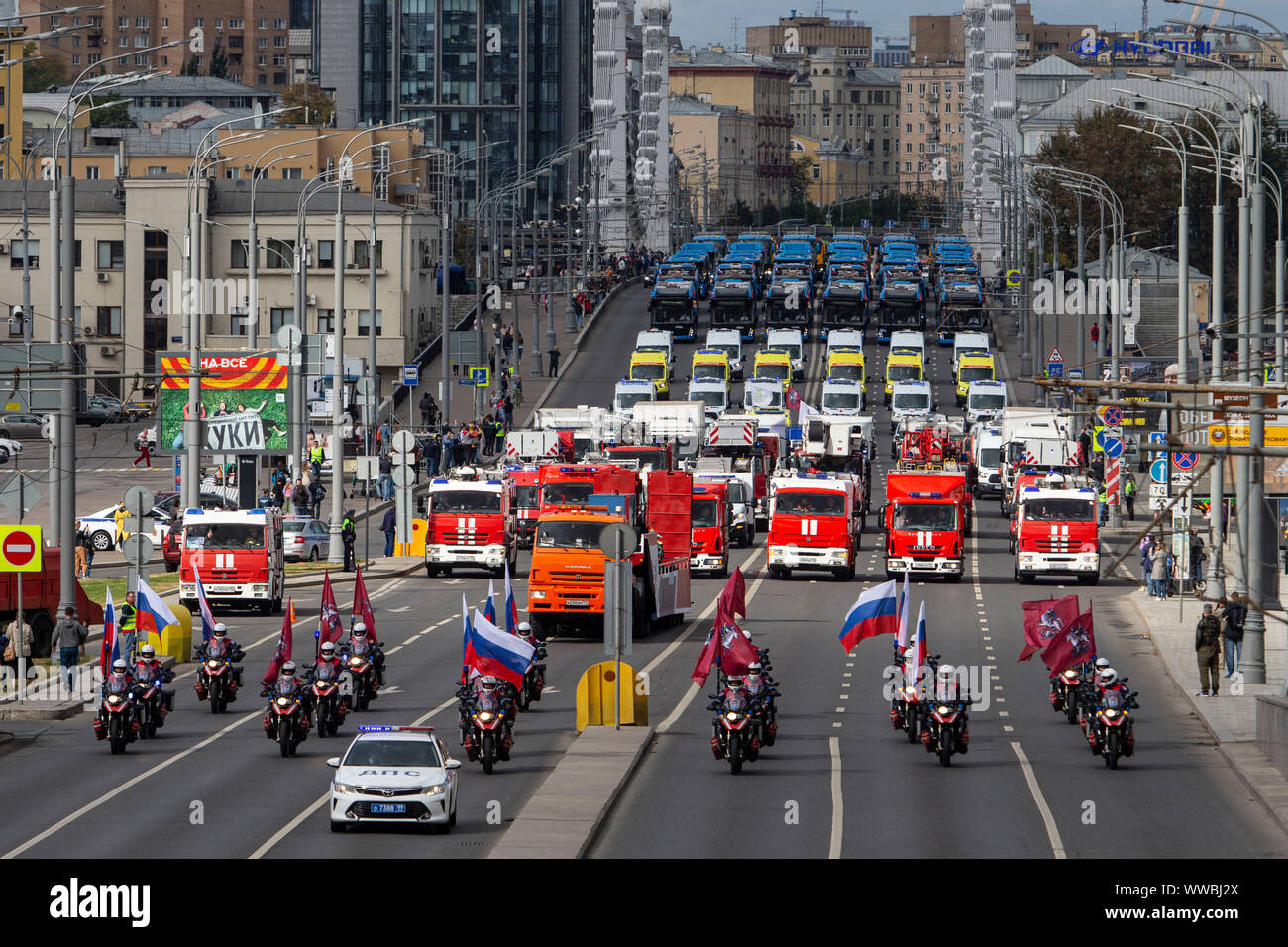 Moscow, Russia. 14th Sep, 2019. Municipal service vehicles take part in a parade in central Moscow, Russia, on Sept. 14, 2019. About 700 vehicles took part in the Municipal Service Vehicle Parade on Saturday. Credit: Alexander Zemlianichenko Jr/Xinhua Stock Photo