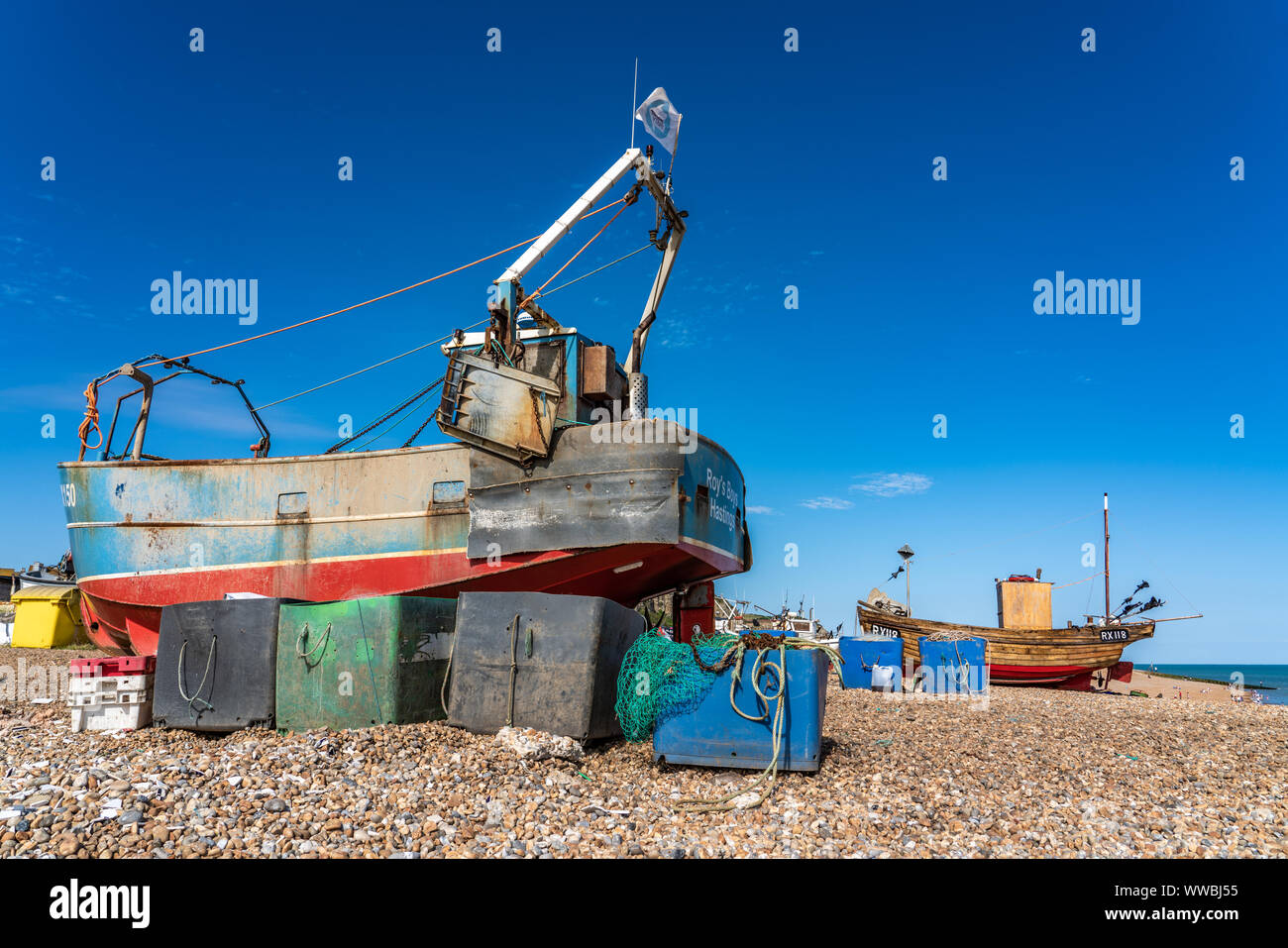 HASTINGS, UNITED KINGDOM - JULY 29: View of traditional British fishing boats on Hastings beach on July 29, 2019 in Hastings Stock Photo