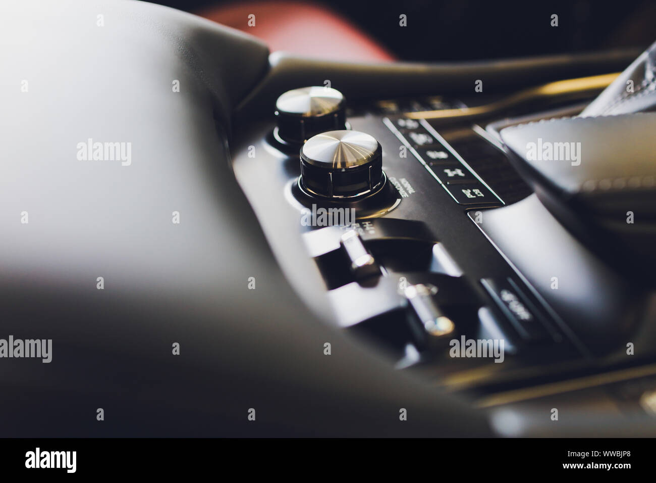 Automatic gear stick transmission of a modern car, multimedia and