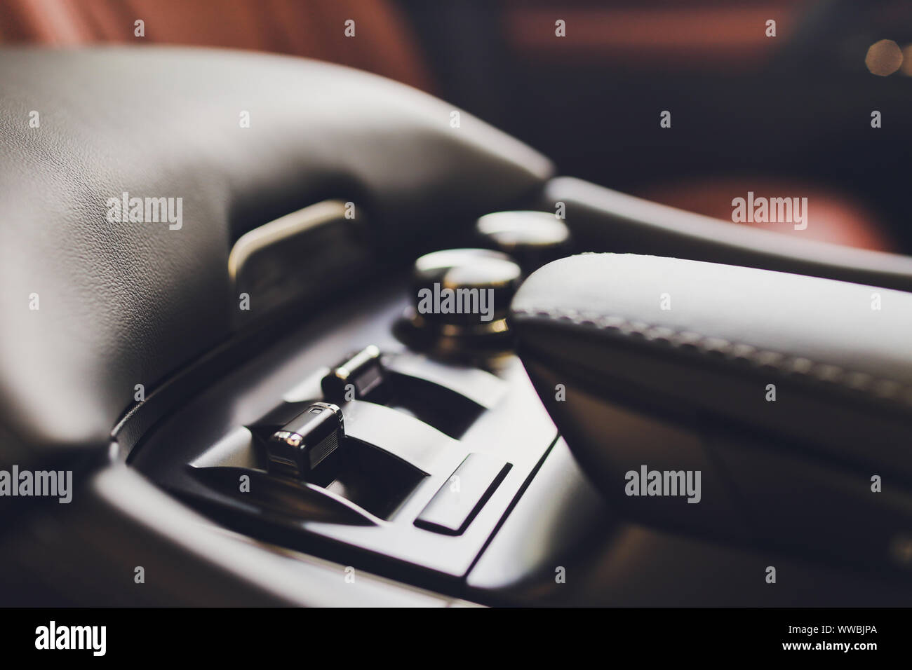 Automatic gear stick transmission of a modern car, multimedia and