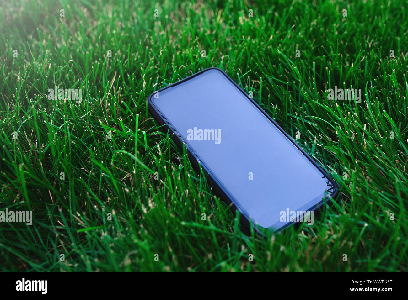 Smartphone and black screen on grass background Stock Photo
