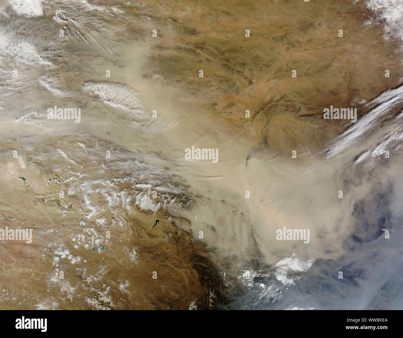 Dust plumes above Gobi desert, China - Mongolia border, March 8, 2013, by NASA/Jeff Schmaltz/DPA Stock Photo
