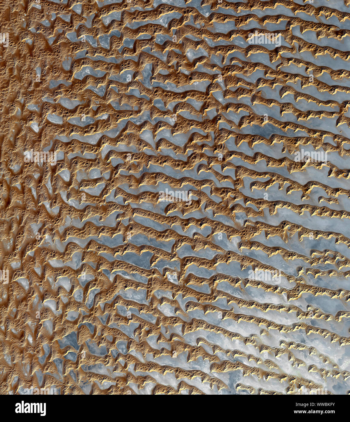 The Rub' al Khali desert, Arabian Peninsula, Oman, United Arab Emirates, and Yemen, August 8, 2008, by NASA/DPA Stock Photo