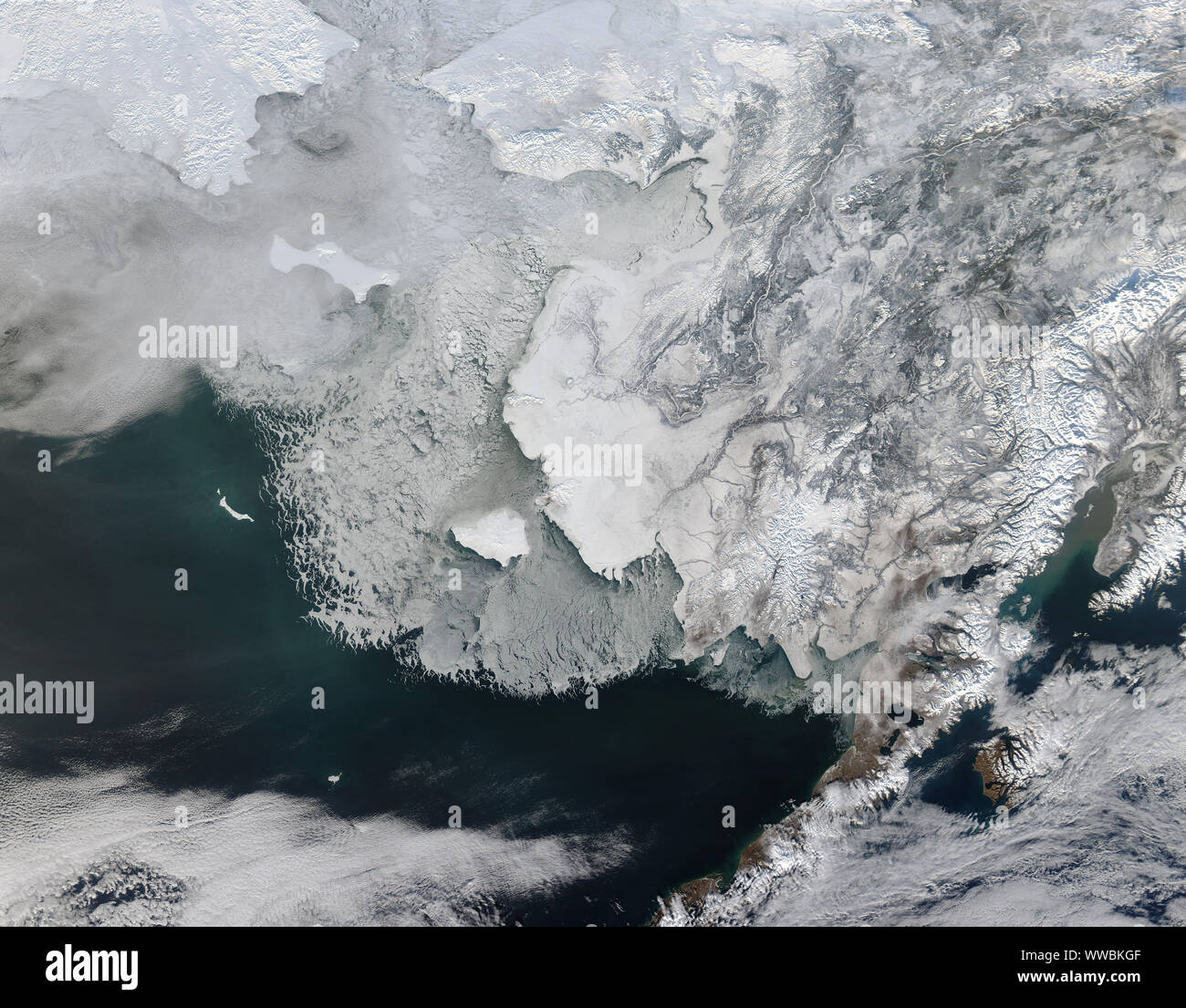Sea ice off coast of western Alaska, Bering straits, February 4, 2014, by NASA/Jeff Schmaltz/DPA Stock Photo