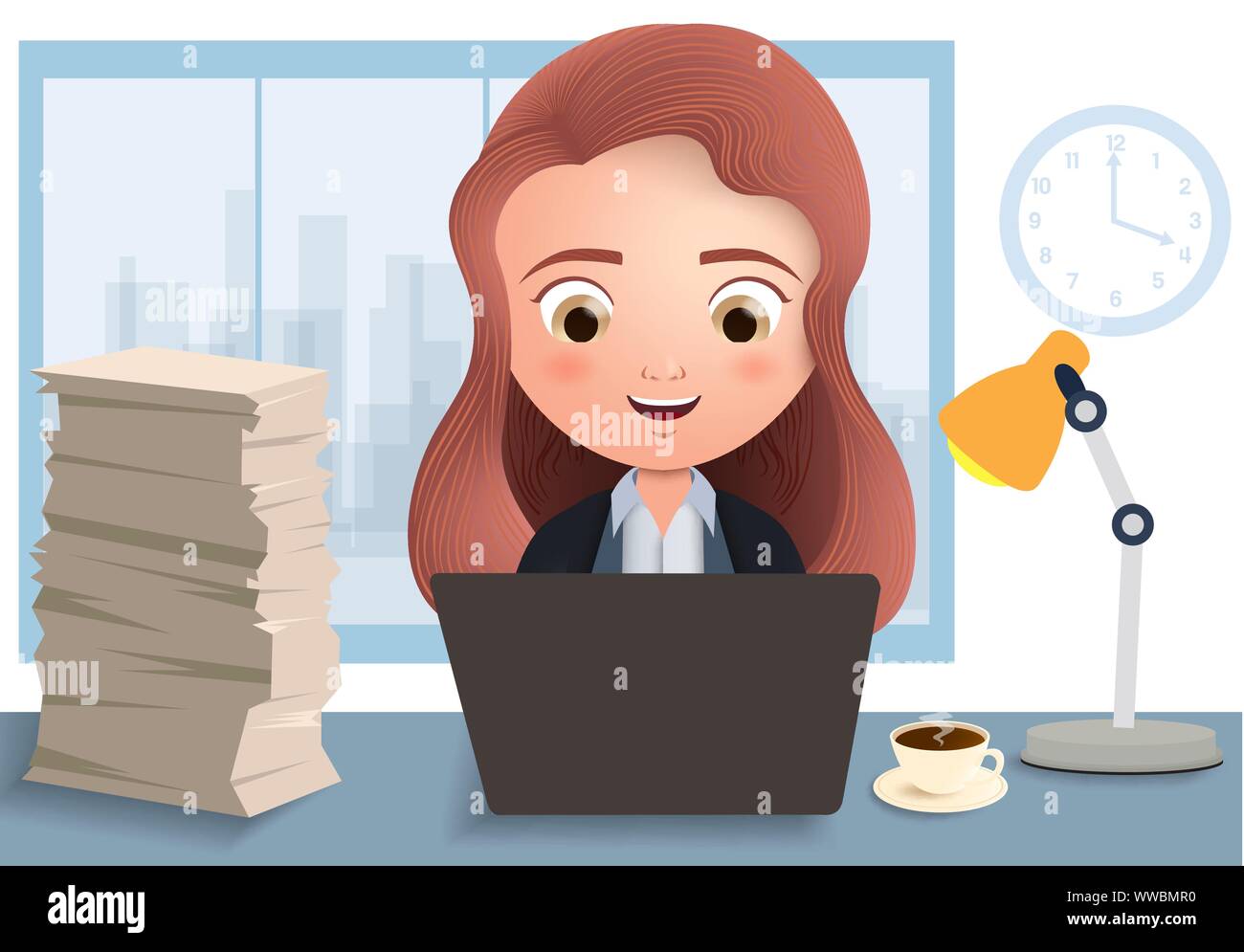 Business employee in overtime vector character. Business female office employee typing and working in desk with laptop, coffee and document in white. Stock Vector
