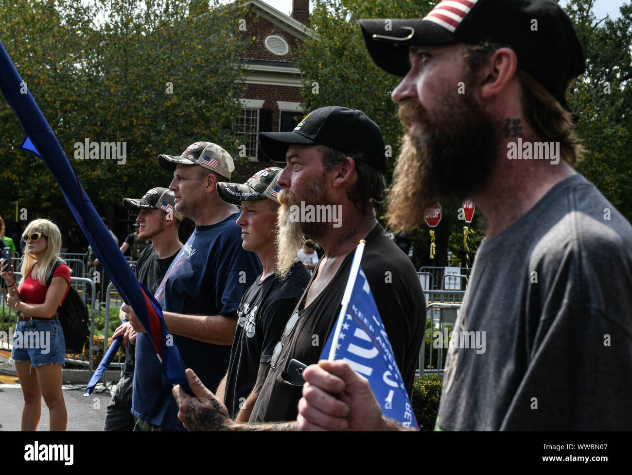 Dahlonega, Georgia, USA. 14th Sep, 2019. Trump supporters joined longtime white nationalist leader Chester Doles in what Doles billed as 'American Patriot Rally'' to honor President Trump in Dahlonega, Georgia on Saturday. All told, around 50 people joined Doles' rally, while around 100 people''”including members of the so-called 'Antifa'' movement''”turned out to protest the event, which drew hundreds of law enforcement officers from surrounding counties. Credit: Miguel Juarez Lugo/ZUMA Wire/Alamy Live News Stock Photo