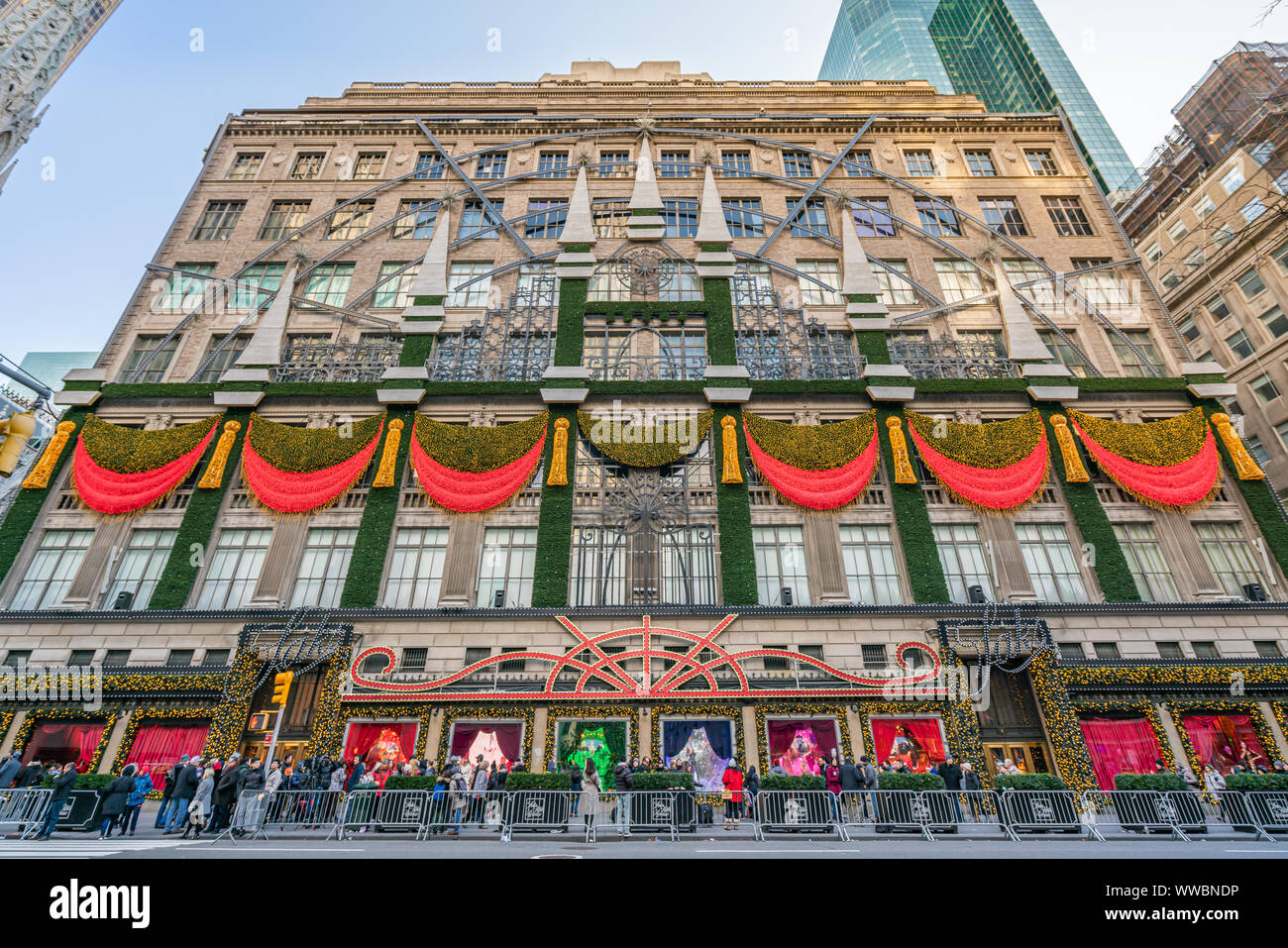 New York City, NY, USA - December, 2018 - Saks Fifth Avenue, luxury department stores, decorated for Christmas Holidays, Manhattan. Stock Photo
