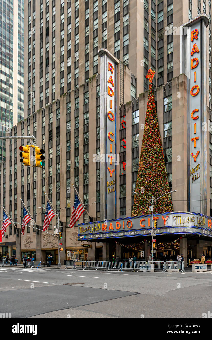 New York, NY, USA - December, 2018 - Radio City Music Hall decorated with a huge colorful Christmas Tree for Holidays. Stock Photo