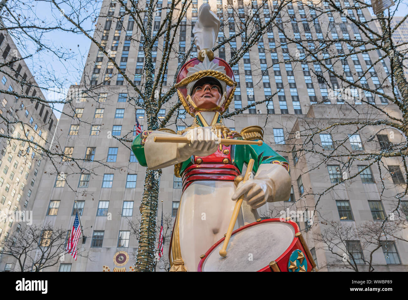 New York City, NY, USA - December, 25th, 2018 - Huge and colorful toy soldier decorating the Christmas at Rockefeller Center, Manhattan. Stock Photo