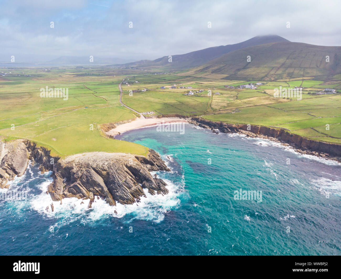 An aerial view of Clogher Strand beach in the Dingle Peninsula, County Kerry Ireland. Stock Photo