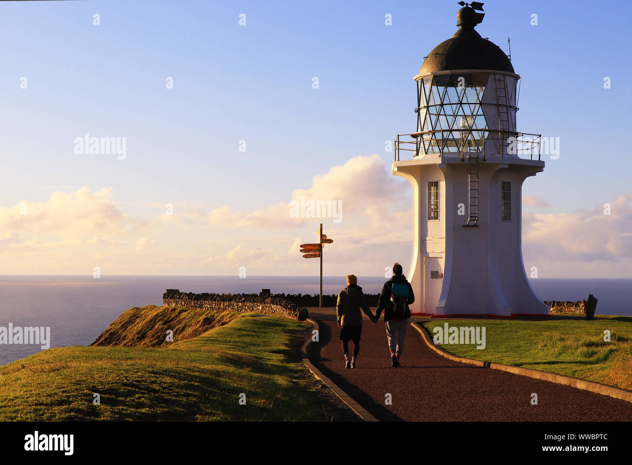 Cape Reinga lighthouse, Far North, New Zealand, Northland, sunset Stock Photo