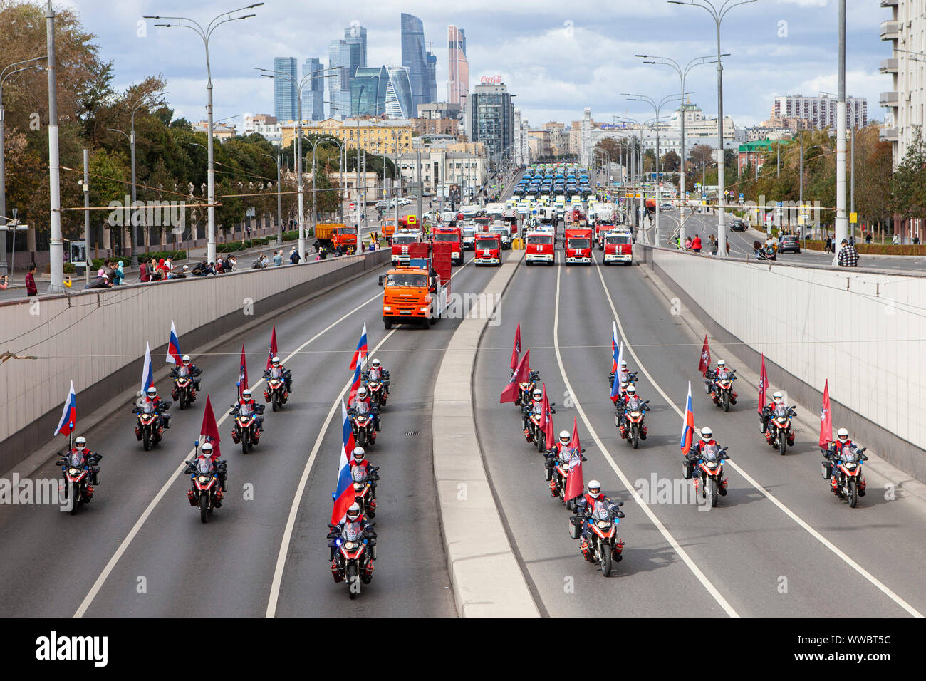 Beijing, Russia. 14th Sep, 2019. Municipal service vehicles take part in a parade in central Moscow, Russia, on Sept. 14, 2019. About 700 vehicles took part in the Municipal Service Vehicle Parade on Saturday. Credit: Alexander Zemlianichenko Jr/Xinhua Stock Photo
